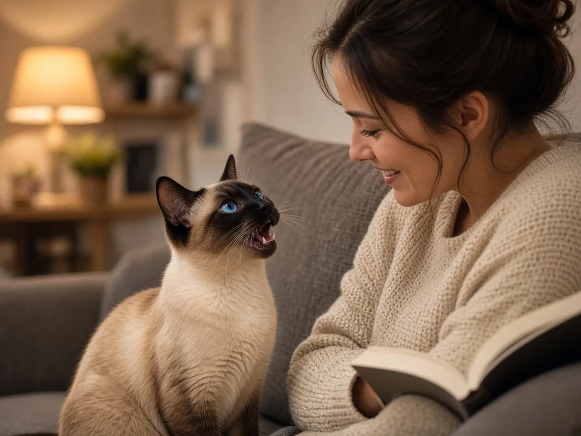 暹羅貓仰頭對著看書的飼主叫