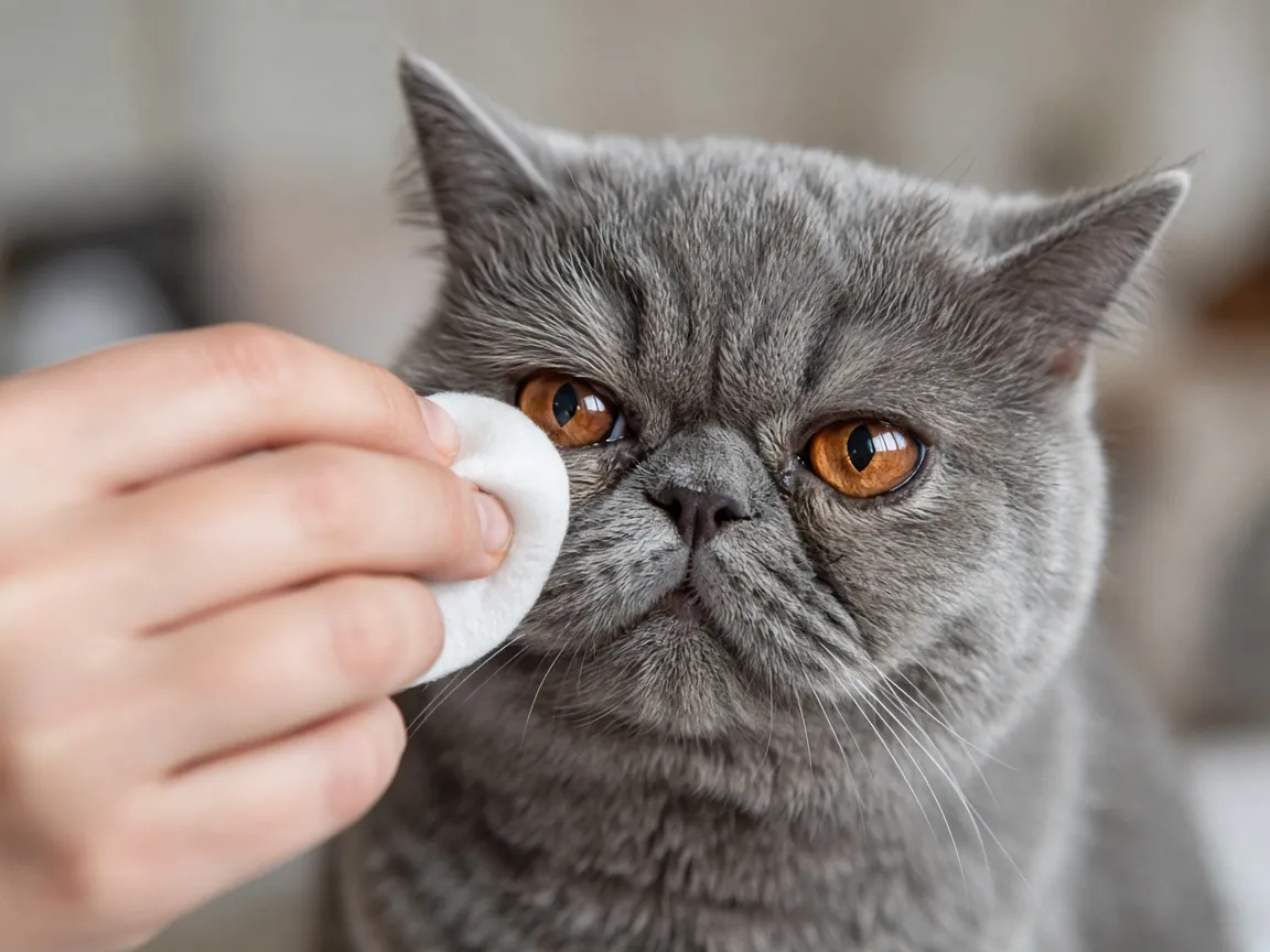 飼主用濕棉片輕擦灰色異國短毛貓的眼角