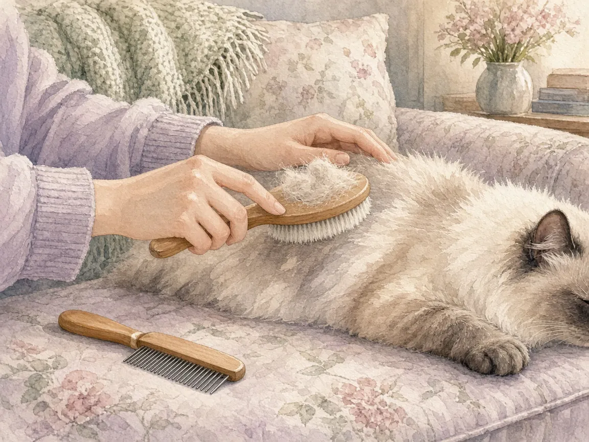 飼主替重點色長毛貓梳毛