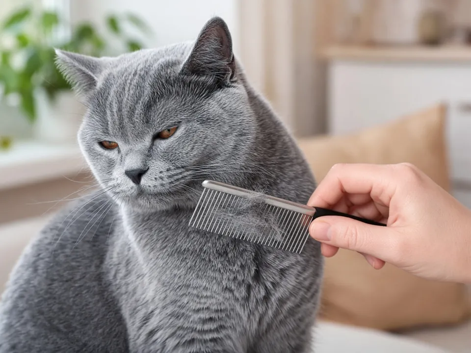 飼主用金屬排梳替英短梳毛，梳子上帶著掉下來的灰毛