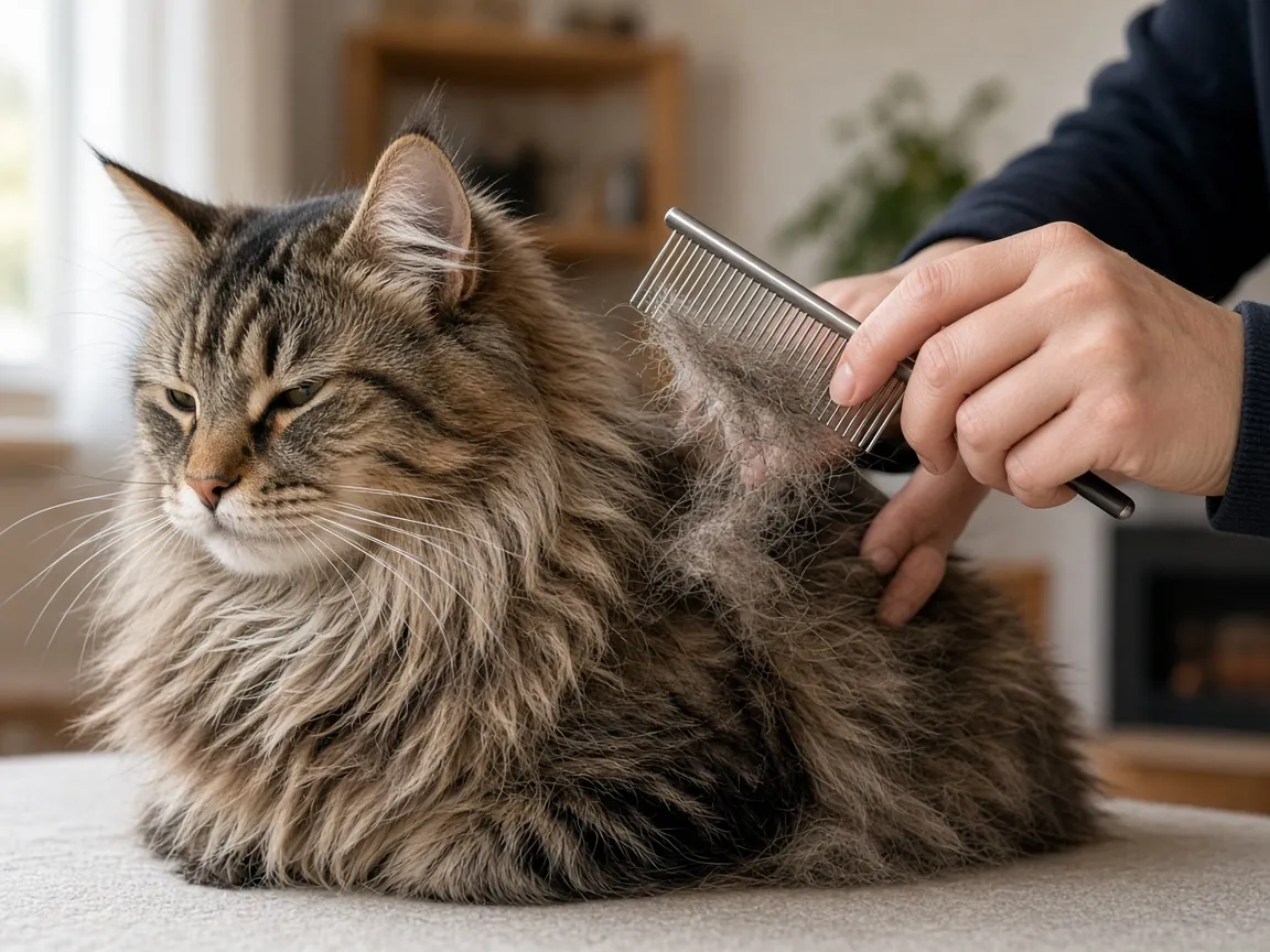 飼主用鋼梳替長毛挪威森林貓梳下底毛