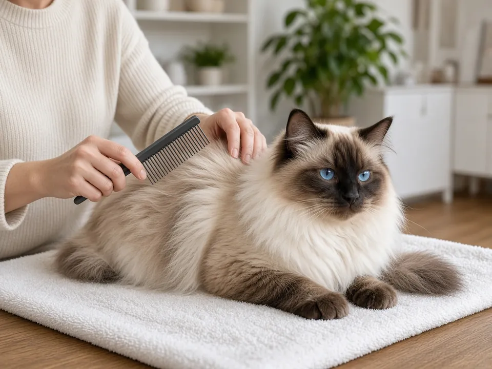 飼主用寬齒梳替海豹重點色布偶貓梳毛