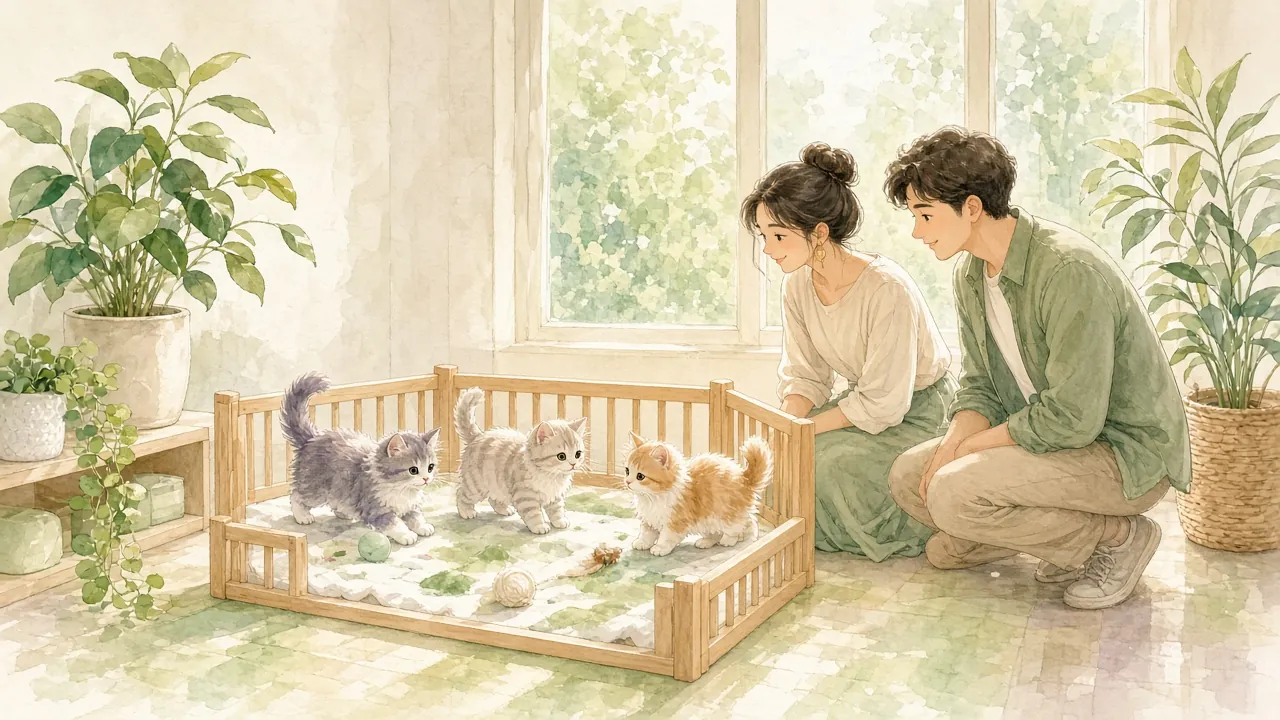 一對飼主在明亮房間裡蹲下觀察幼貓