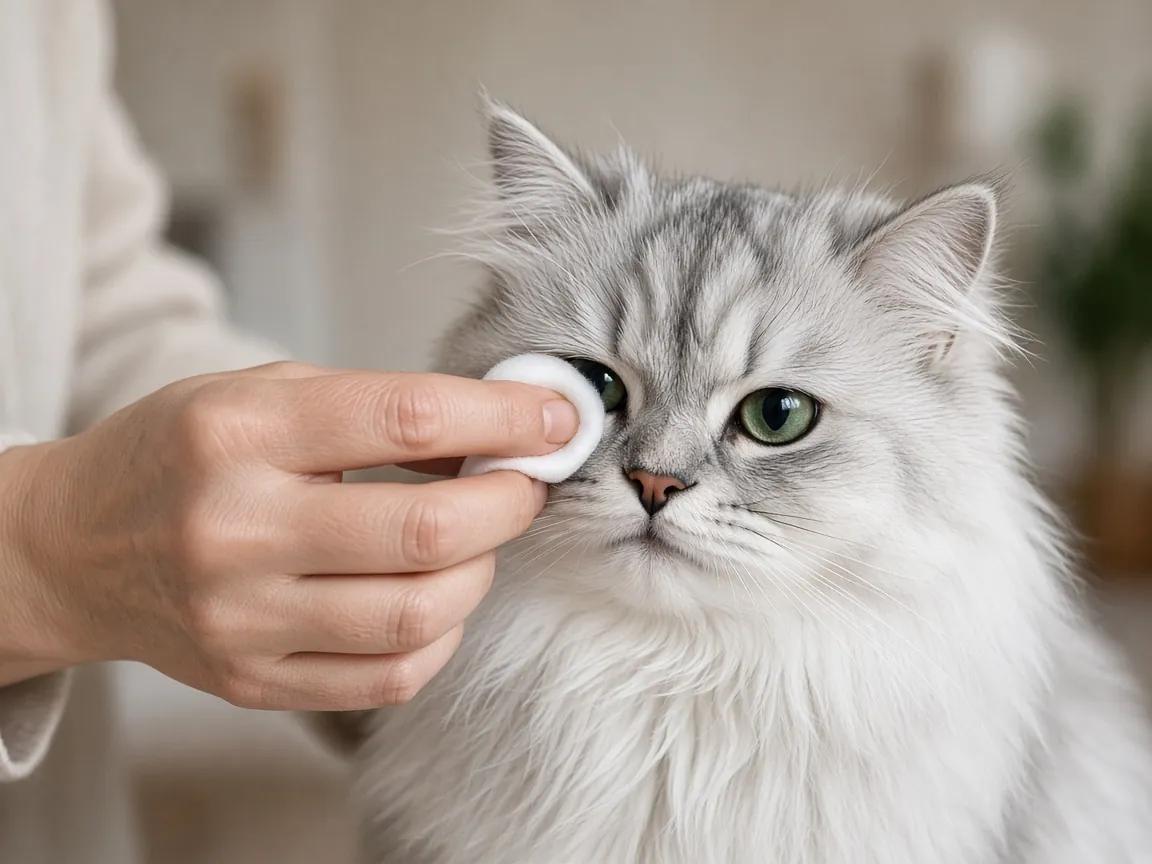 飼主用濕棉片輕擦銀白色波斯貓的眼角