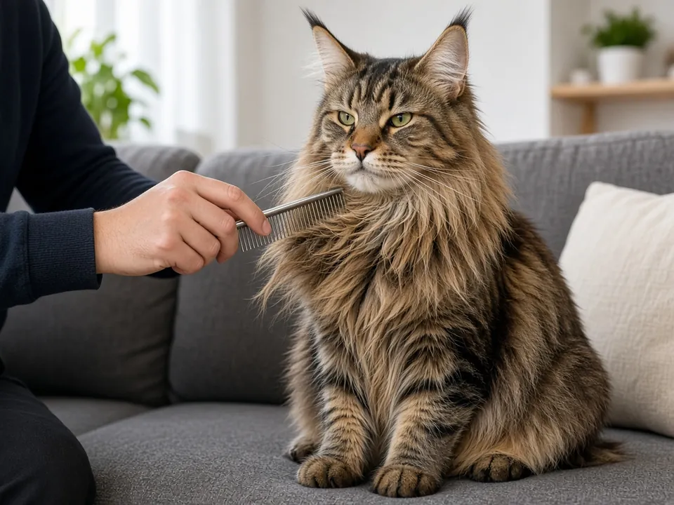飼主用排梳替緬因貓梳理胸前的長毛