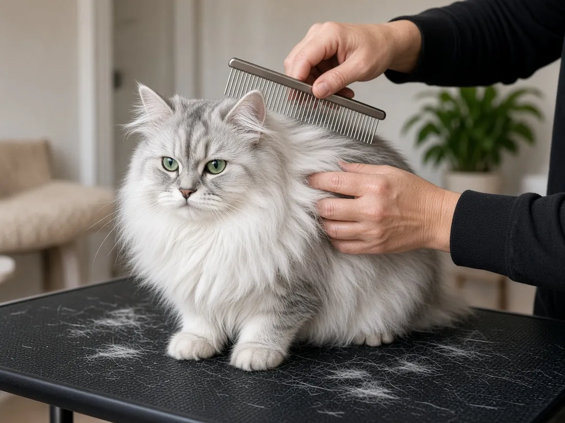 飼主用鋼梳替銀白色長毛波斯貓梳毛