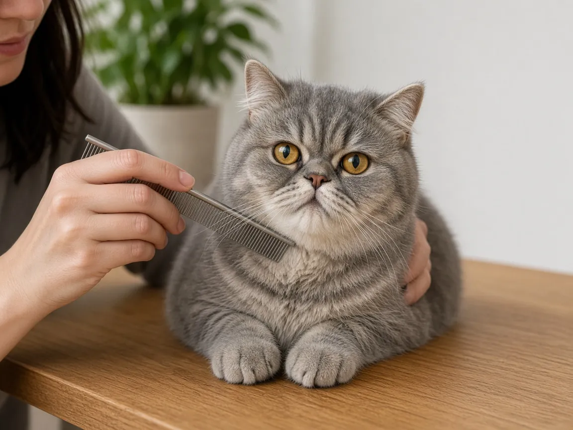飼主用鋼梳替灰色異國短毛貓梳毛